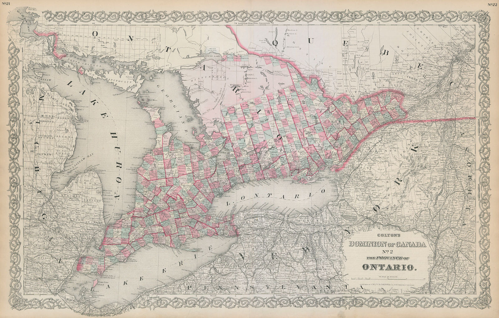 Colton's Dominion of Canada No. 2 Ontario. Great Lakes. Upper New York 1869 map